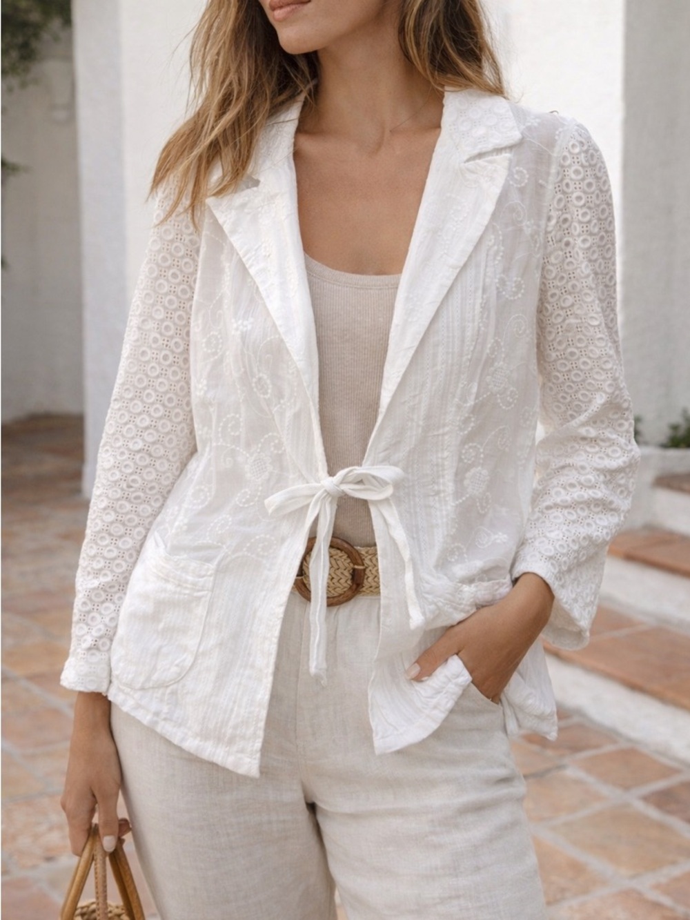Vintage Lagoona White Eyelet Lace Jacket Tie Front Boho Cotton Medium